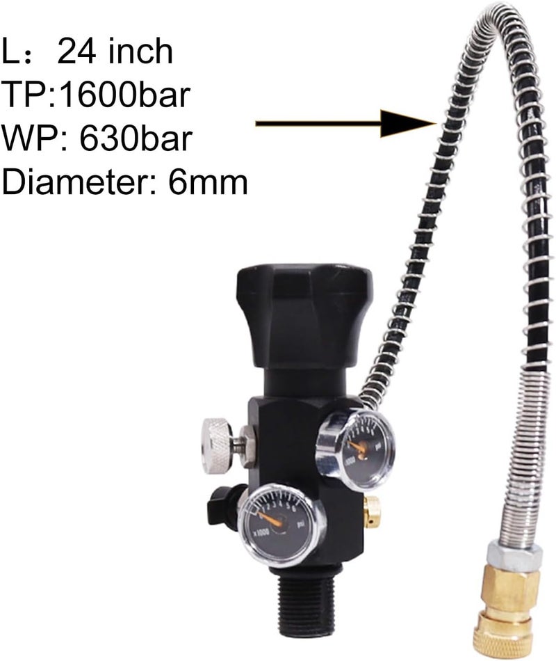 Fenduoer M18x1.5 DIN Valve Scuba Adapter with Dual Gauge,High Pressure 30 Mpa/300bar/4500psi with 24-inch-Long Black Filling Air Hose for HPA Tank,Air Tank,Paintball Scuba Fill Stations,PCP Air Rifle - Image 2